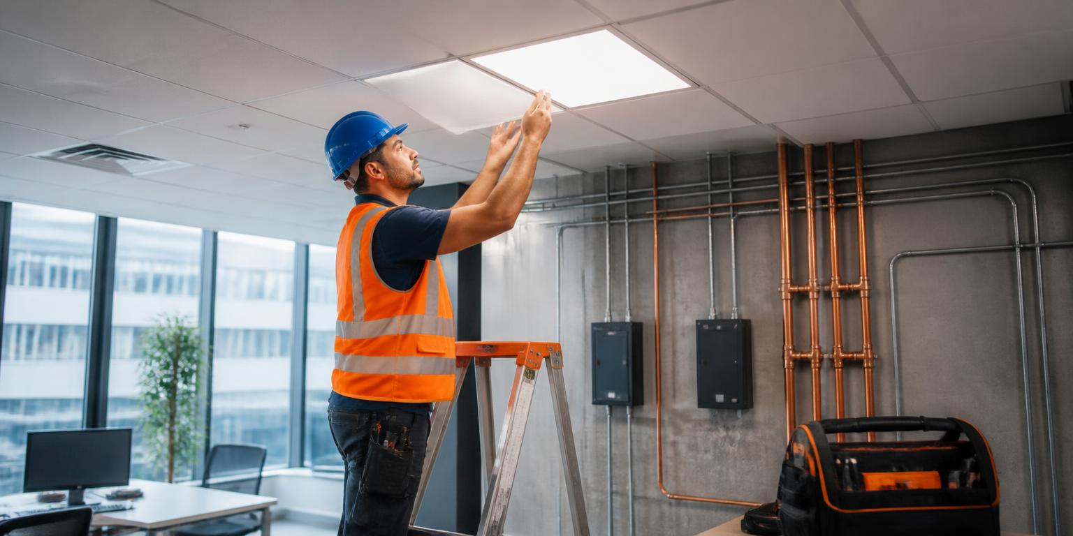 Técnico uniformado instalando panel LED en plafón de oficina con tuberías y canalización eléctrica